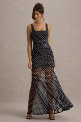 Galaxia | Black & White Polka Dot Maxi Dress With Mesh Skirt