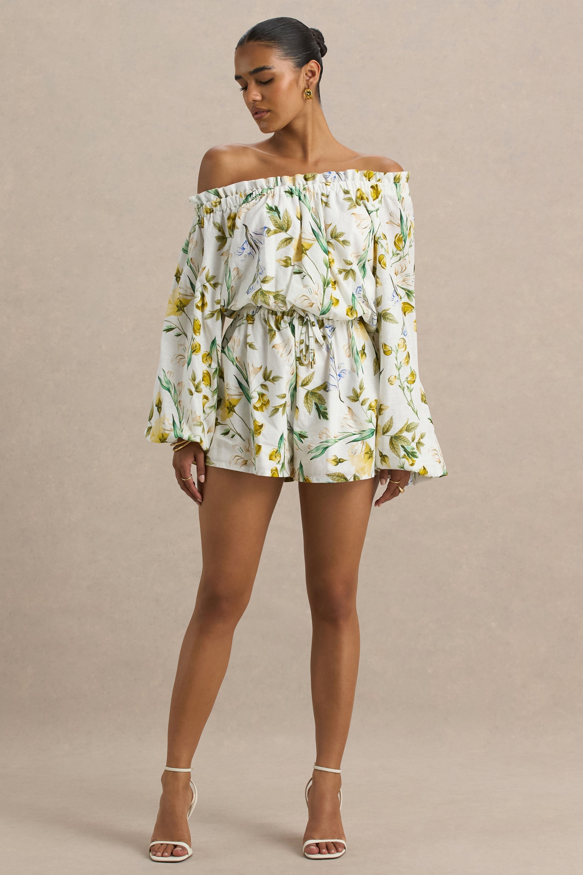 Waterfall | White Botanical Print Asymmetric Long-Sleeve Playsuit