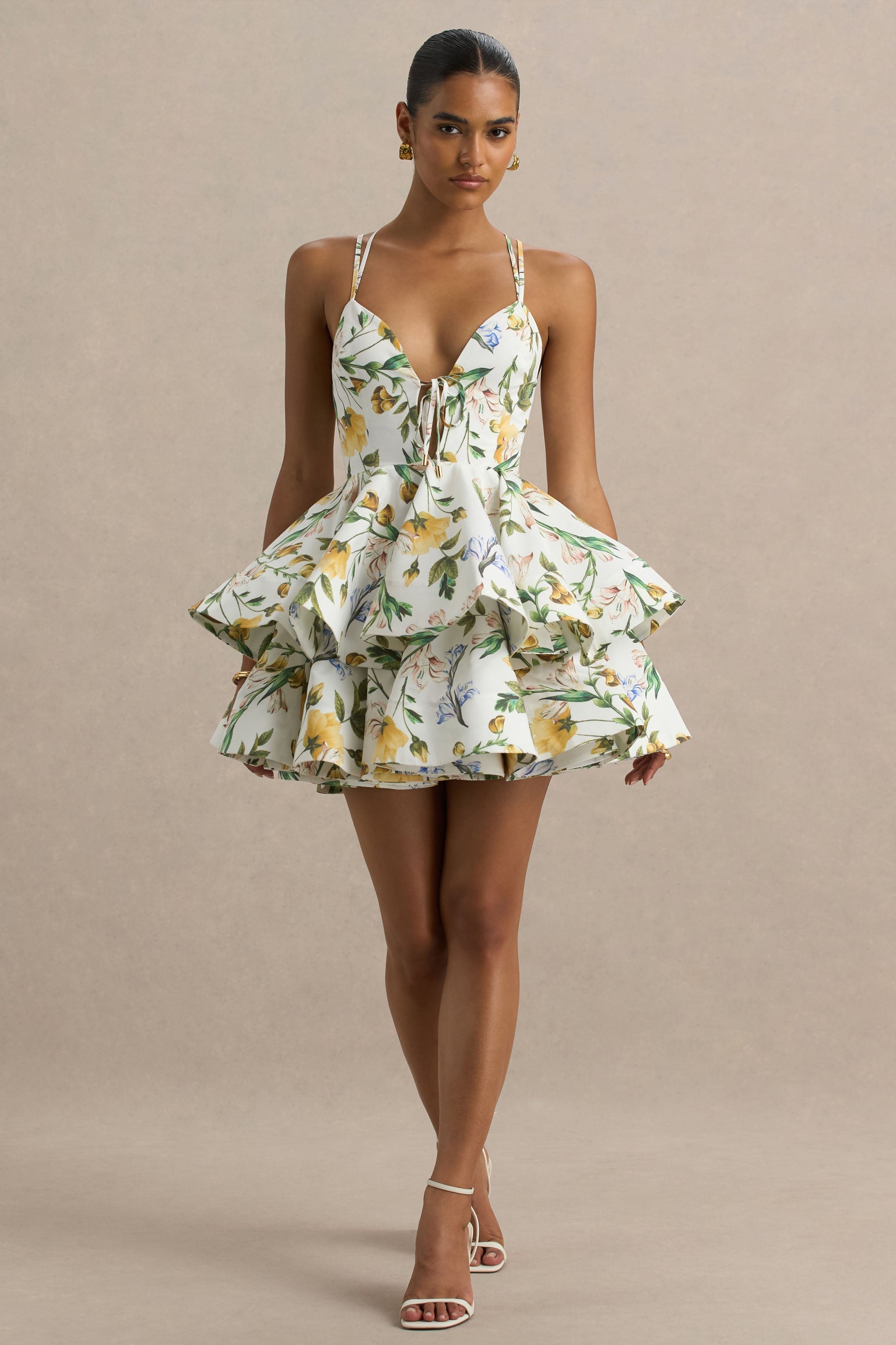 Flavia | White Botanical Print Plunge-Neck Ruffled Skater Micro-Mini Dress