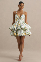 Flavia | White Botanical Print Plunge-Neck Ruffled Skater Micro-Mini Dress