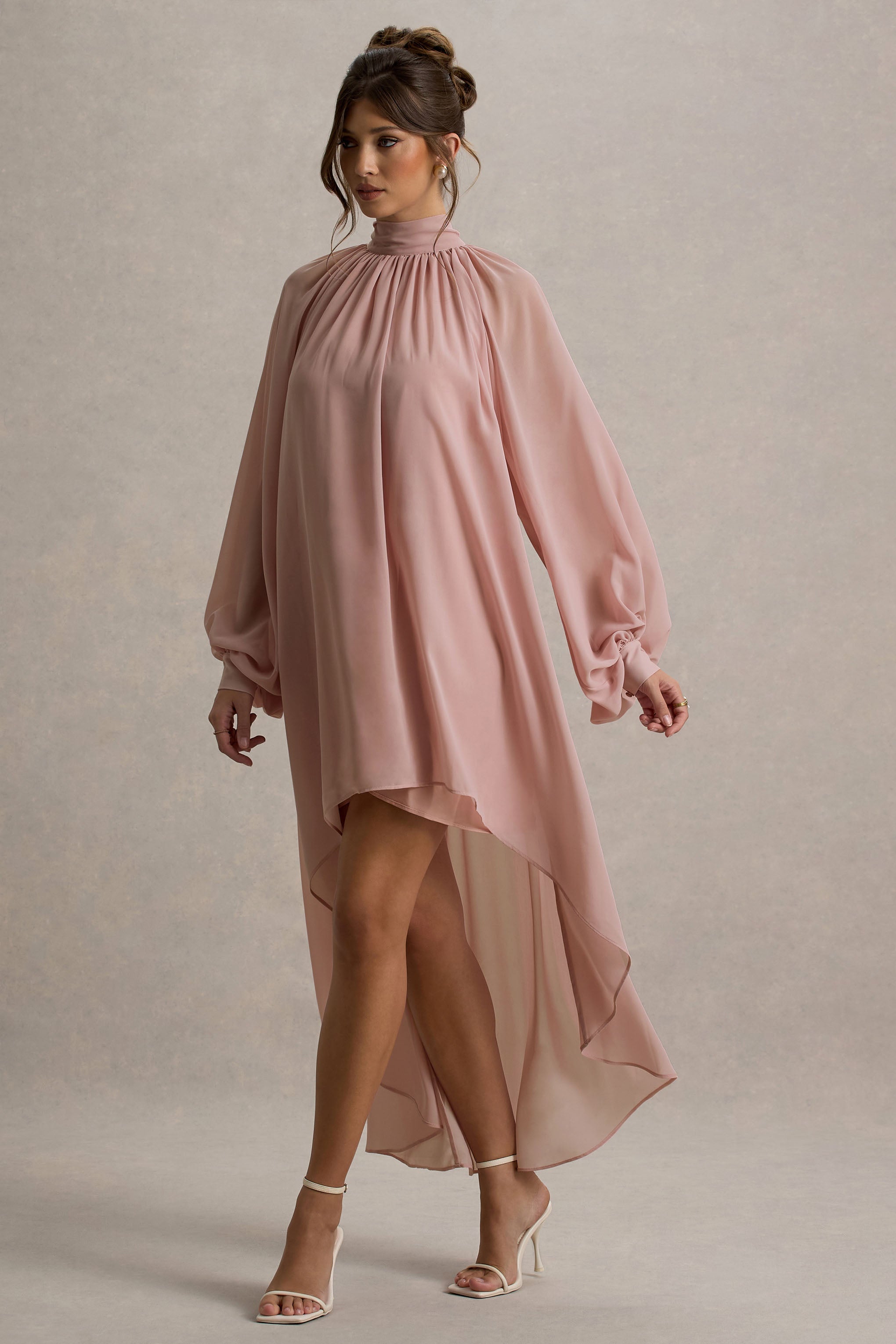 Delphia | Pale Pink High-Neck Maxi Dress With High-Low Hem