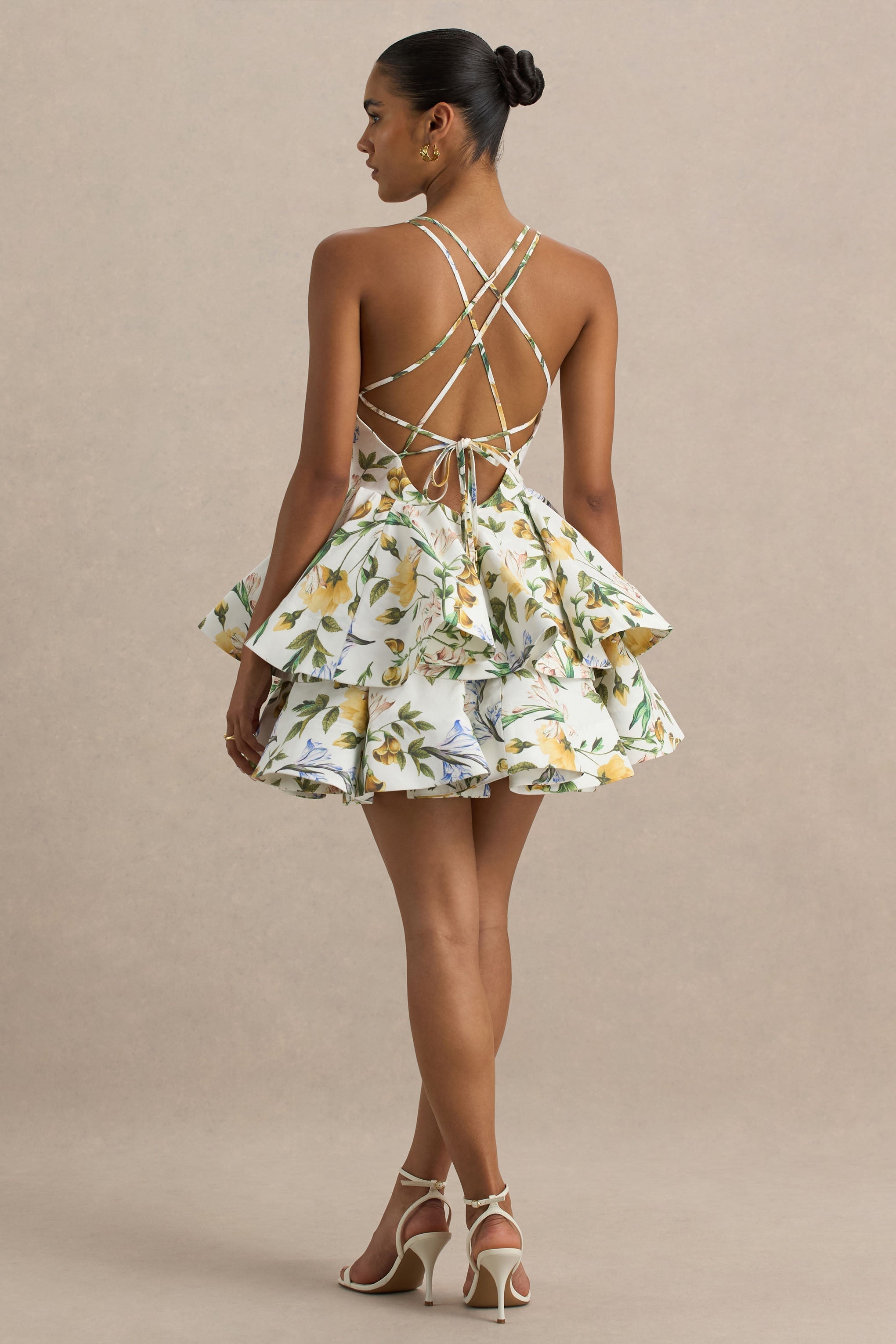 Flavia | White Botanical Print Plunge-Neck Ruffled Skater Micro-Mini Dress