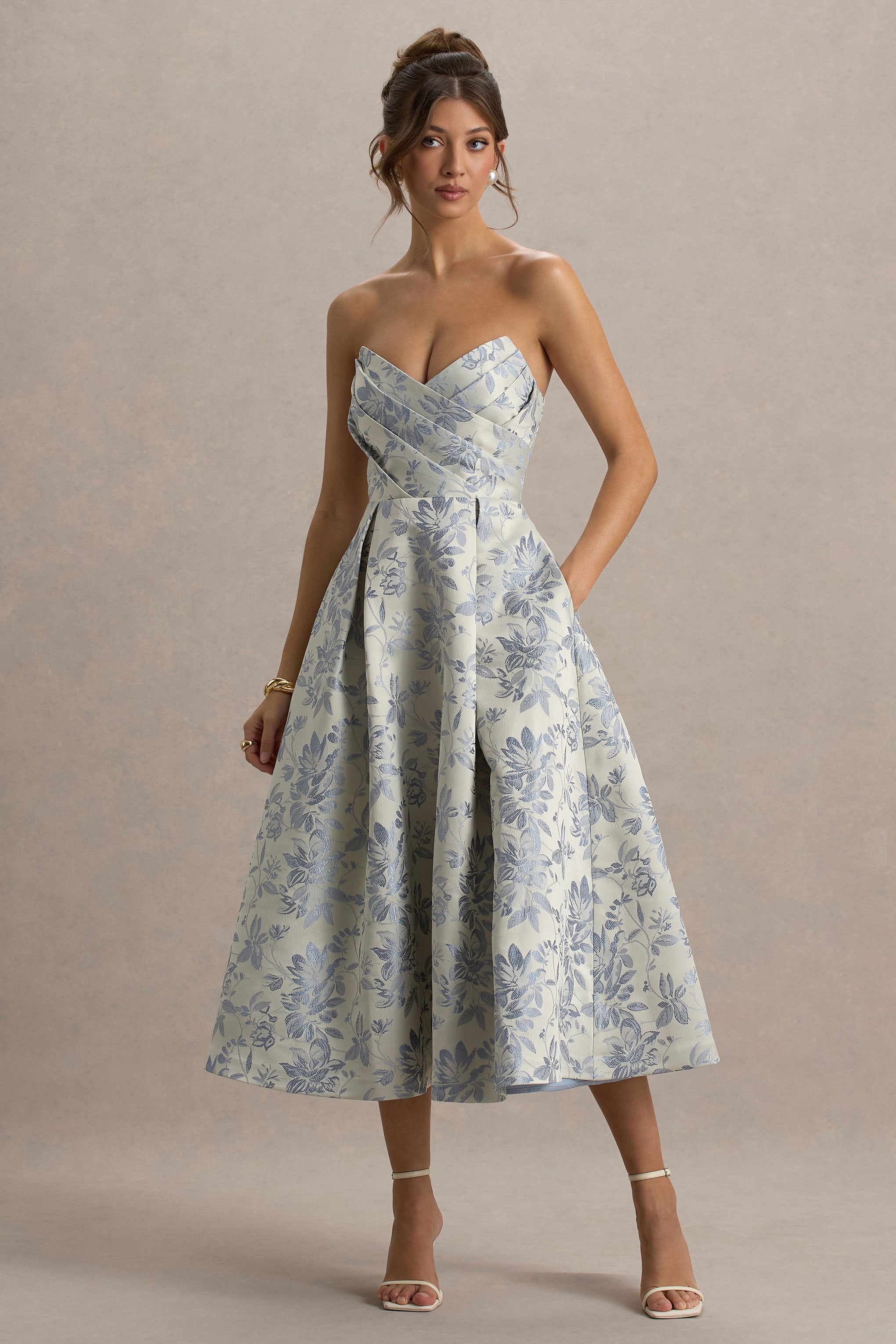 One Wish | Light Blue Jacquard Sweetheart Midi Dress